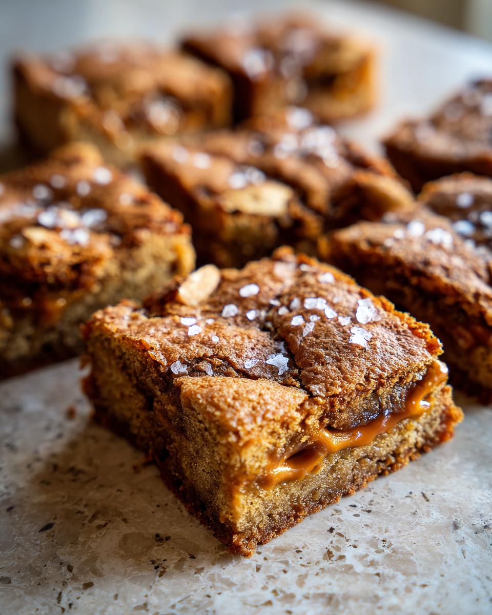 Close-up of Salted Caramel Pretzel Blondies with caramel filling and sea salt.
