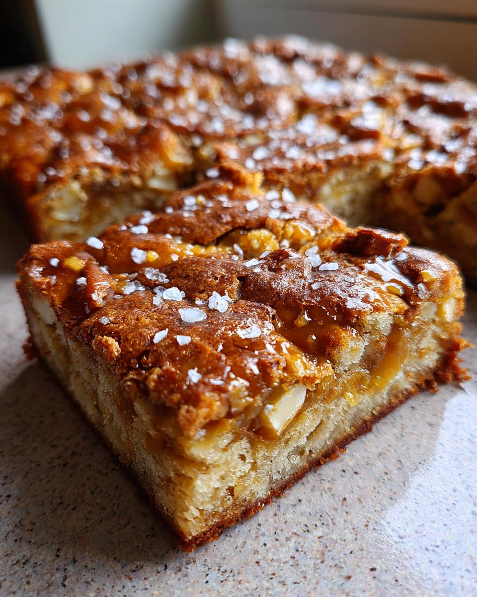 Close-up of a slice of Salted Caramel Pretzel Blondies, showing caramel, pretzels, and sea salt.