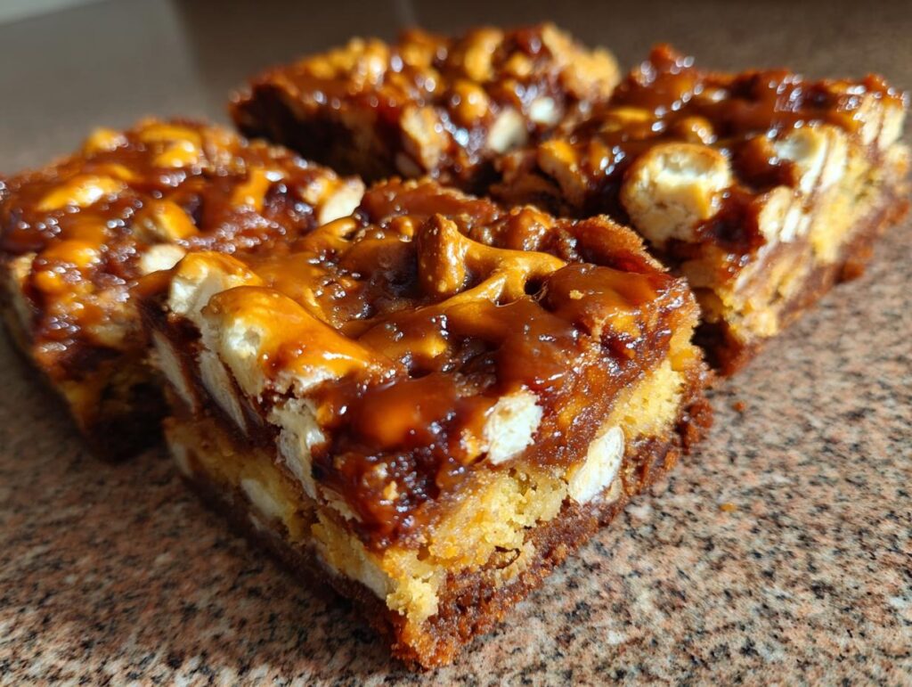 Close-up of Salted Caramel Pretzel Blondies, showing layers of caramel, pretzels, and blondie.