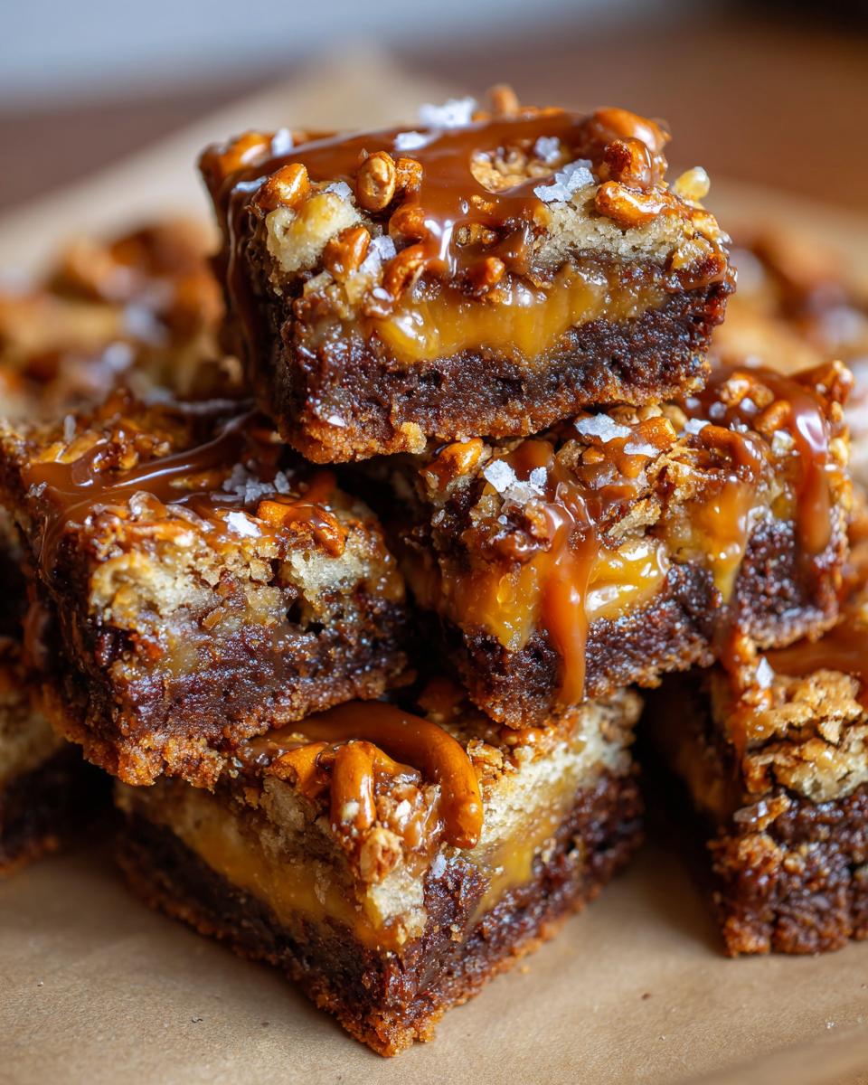 Close-up of stacked Salted Caramel Pretzel Blondies with caramel drizzle and sea salt.
