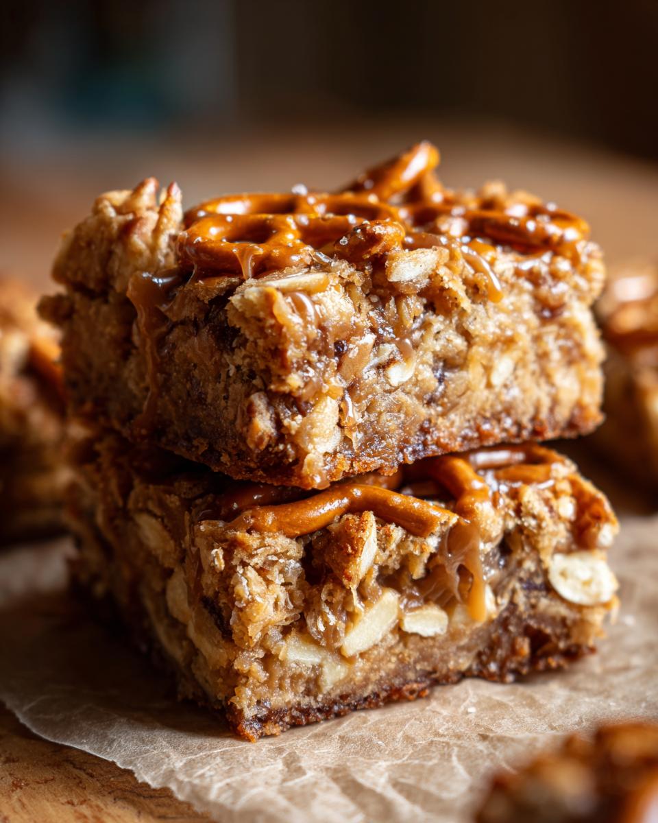 Close-up of two stacked Salted Caramel Pretzel Blondies with caramel drizzle and pretzels on top.