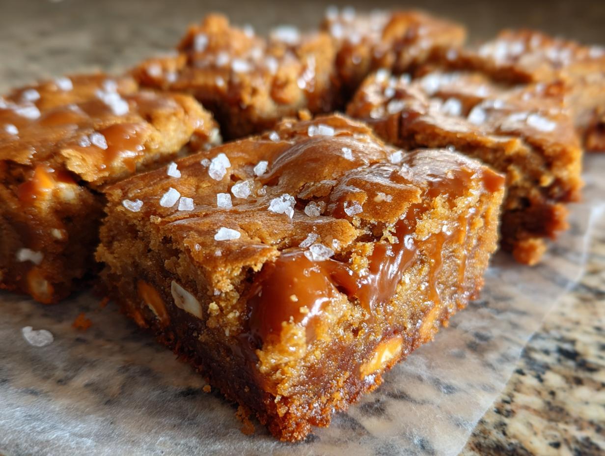 Close-up of Salted Caramel Pretzel Blondies with caramel drizzle and sea salt.