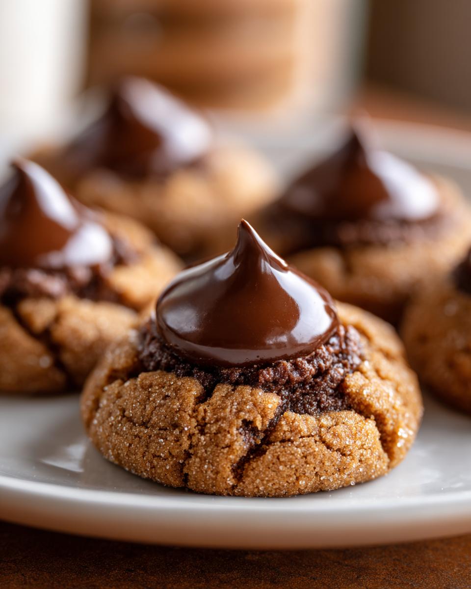 Close-up of Santa's Favorite Peanut Butter Blossoms cookies with chocolate kisses on top, on a white plate.