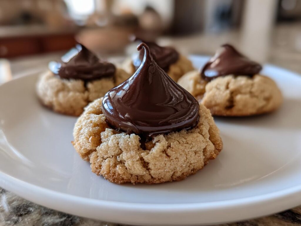 Close-up of Santa's Favorite Peanut Butter Blossoms cookies with chocolate kisses on a white plate.
