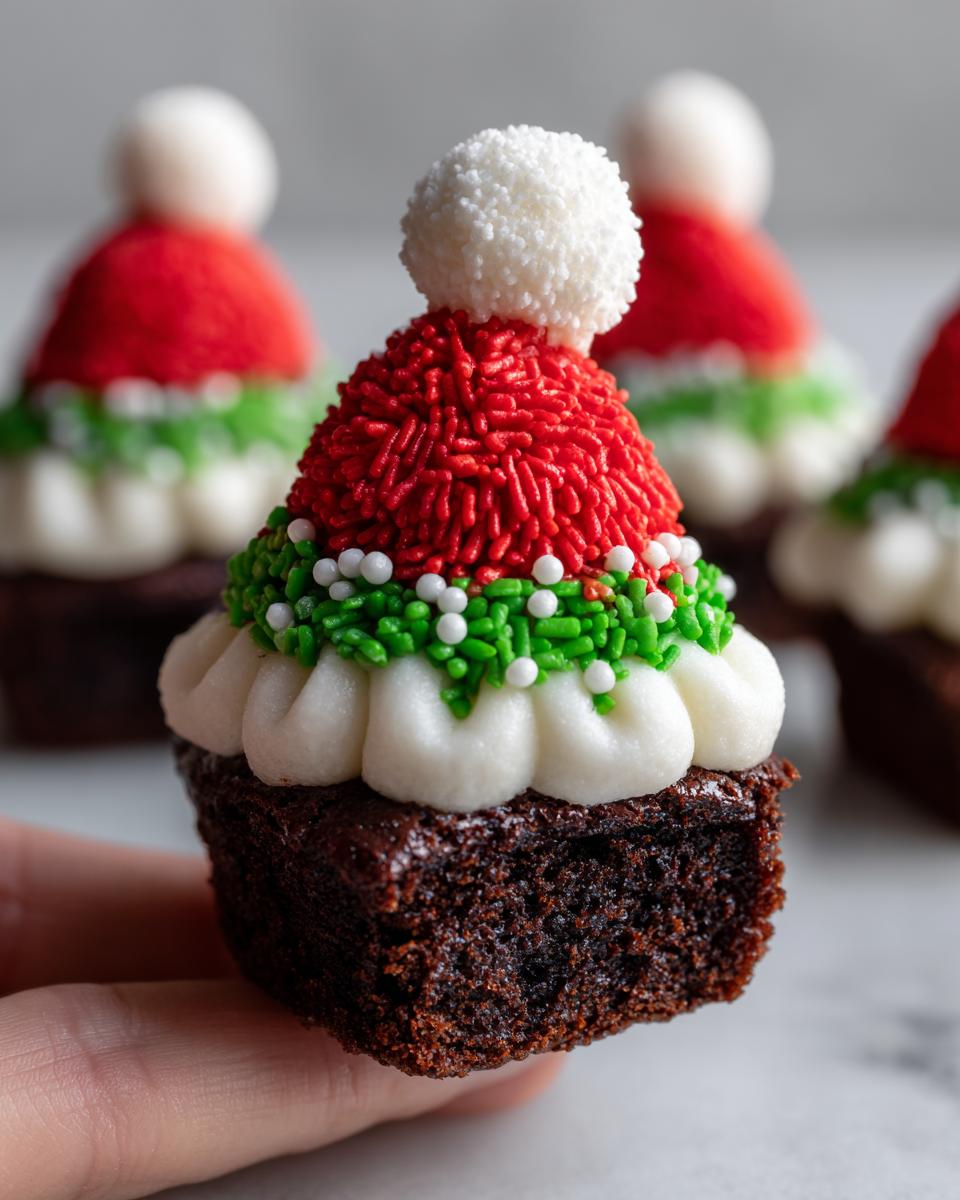 Close-up of a Santa Hat Brownie Bite, a festive treat with red sprinkles and white frosting.