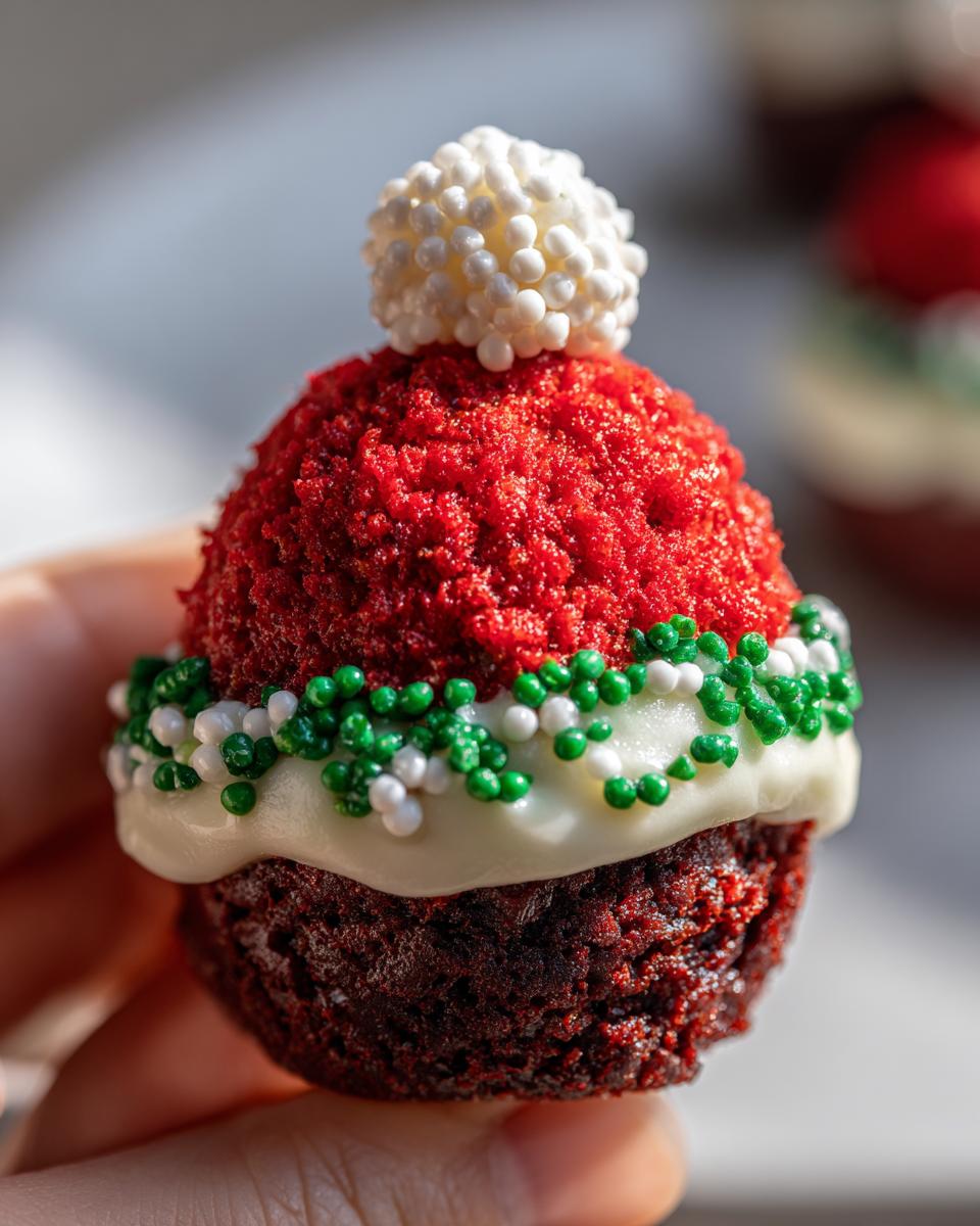 Close-up of a Santa Hat Brownie Bite, a festive treat with red frosting and a white pom-pom.