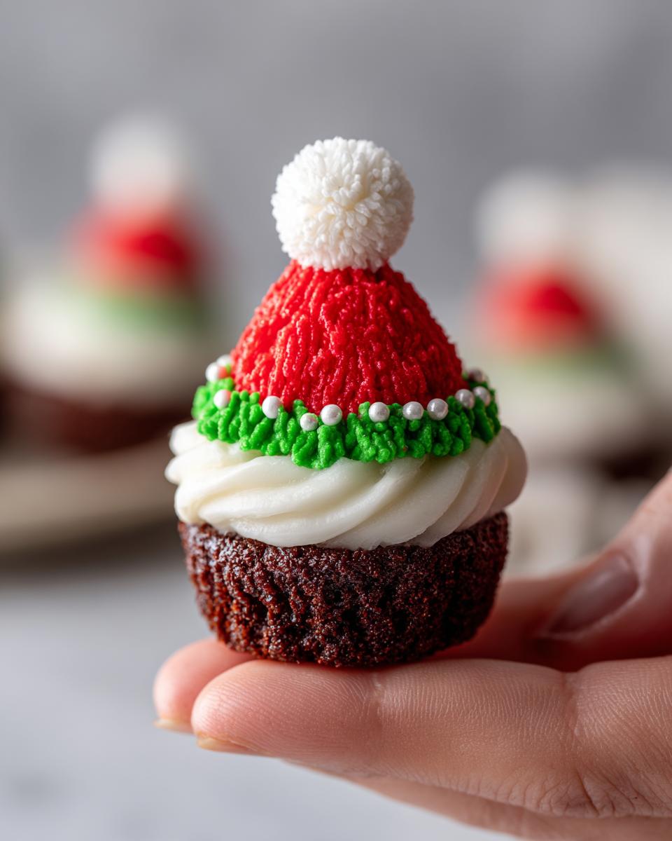 Close-up of a Santa Hat Brownie Bite, a festive treat with frosting and a decorative Santa hat.