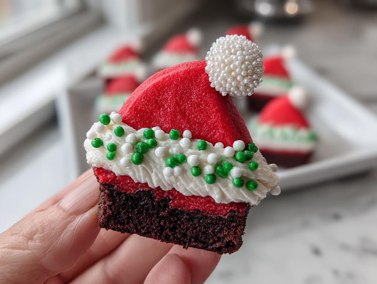 Close-up of a Santa Hat Brownie Bite, a festive treat with red frosting and a white pom-pom.