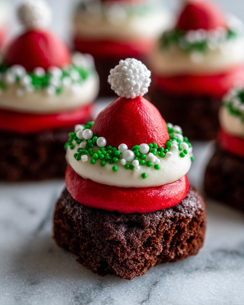Close-up of Santa Hat Brownie Bites, a festive dessert with red frosting, white frosting, and sprinkles.