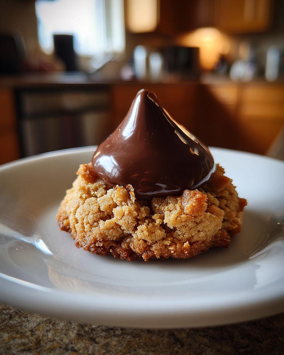 Close-up of a Santa's Favorite Peanut Butter Blossom cookie with a chocolate kiss on a white plate.