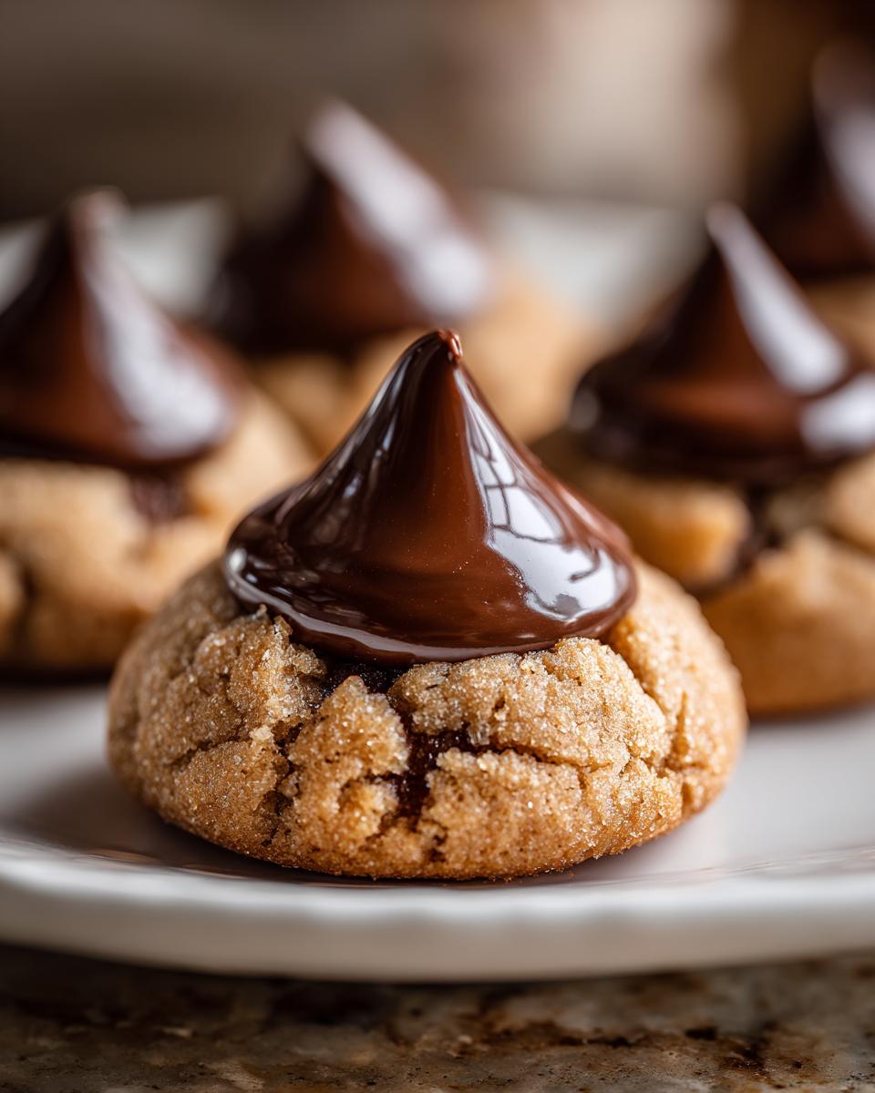 Close-up of Santa's Favorite Peanut Butter Blossoms cookies with chocolate kiss on top.