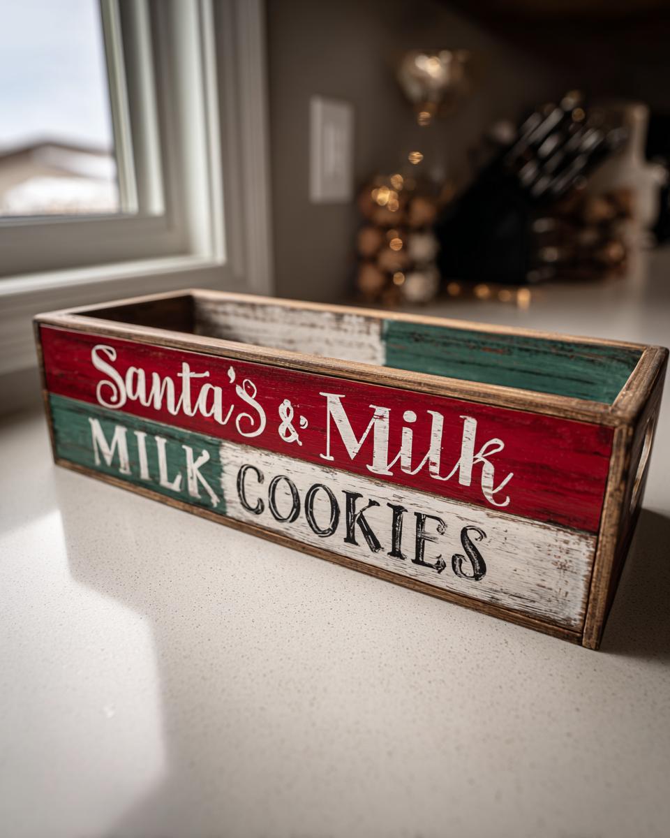 Close-up of a wooden Santa's Milk and Cookies Tray DIY, painted red, white, and green with festive lettering.