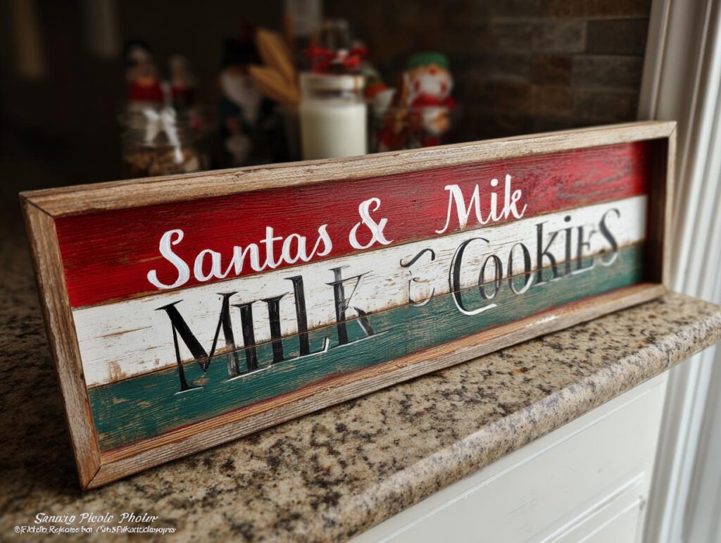 Close-up of a rustic wooden sign for Santa's Milk and Cookies Tray DIY, with red, white, and green stripes.