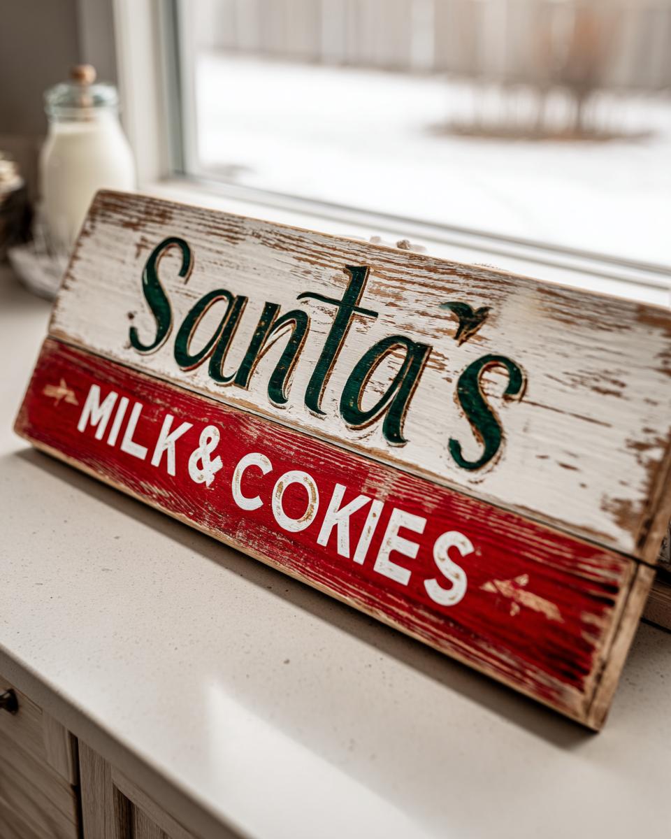 Close-up of a rustic wooden sign that says 'Santa's Milk & Cookies' in green and white lettering.