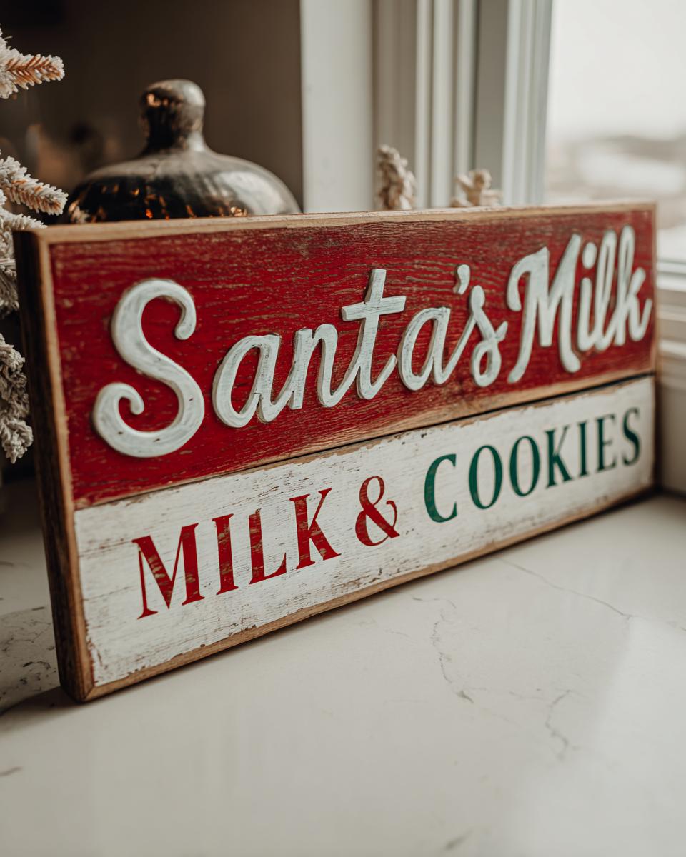 Close-up of a rustic wooden sign for Santa's Milk and Cookies Tray DIY, with red and white lettering.