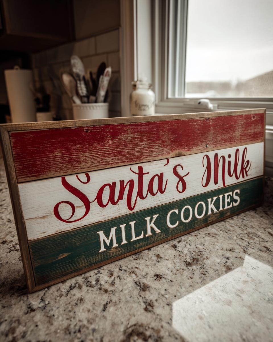 Close-up of a rustic wooden sign for Santa's Milk and Cookies Tray DIY, painted in red, white, and green.