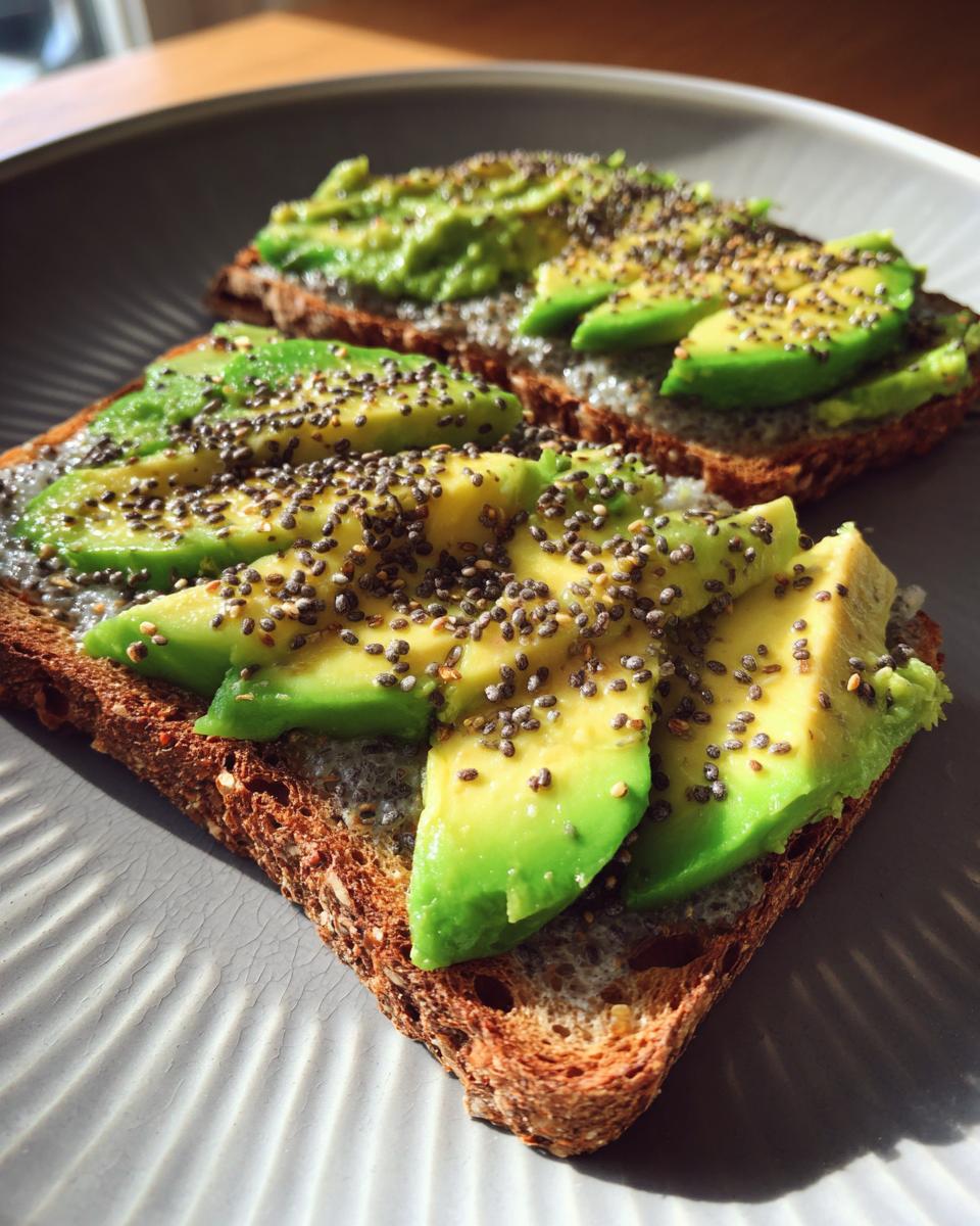 Close-up of two slices of whole-wheat toast topped with savory chia pudding and fresh avocado slices, sprinkled with chia seeds.