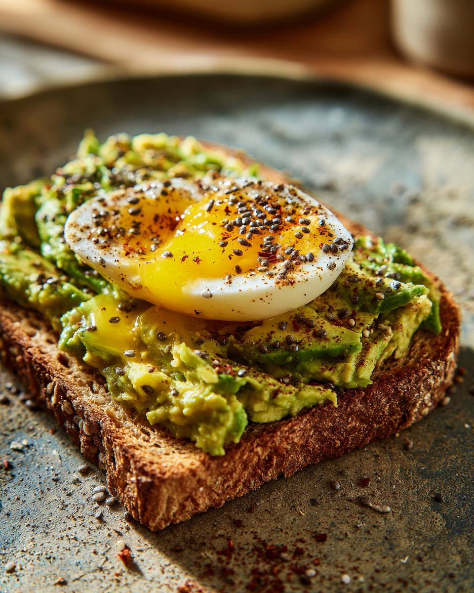 Close-up of Savory Chia Pudding Avocado Toast topped with a perfectly cooked egg and chia seeds.