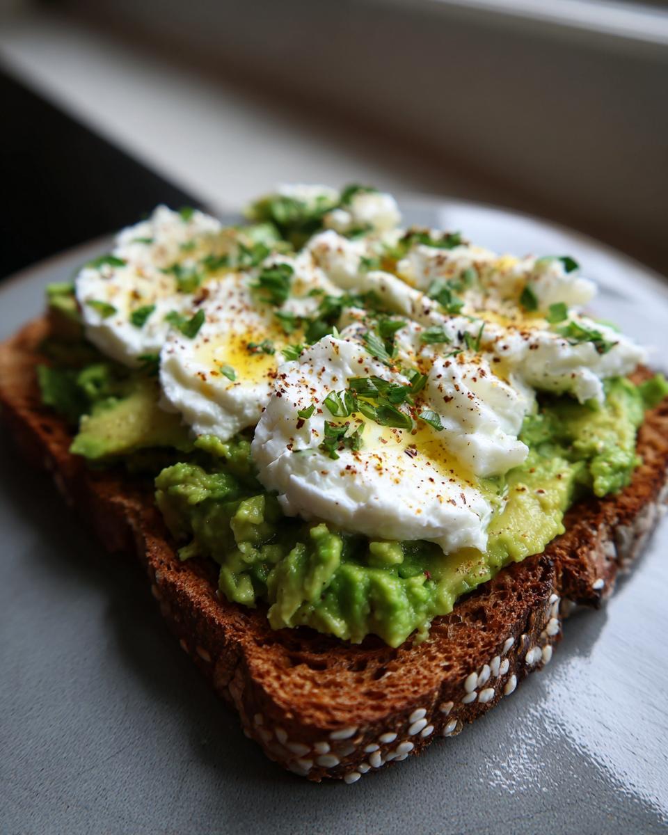 Close-up of Savory Chia Pudding Avocado Toast topped with perfectly poached eggs, fresh avocado, and herbs.