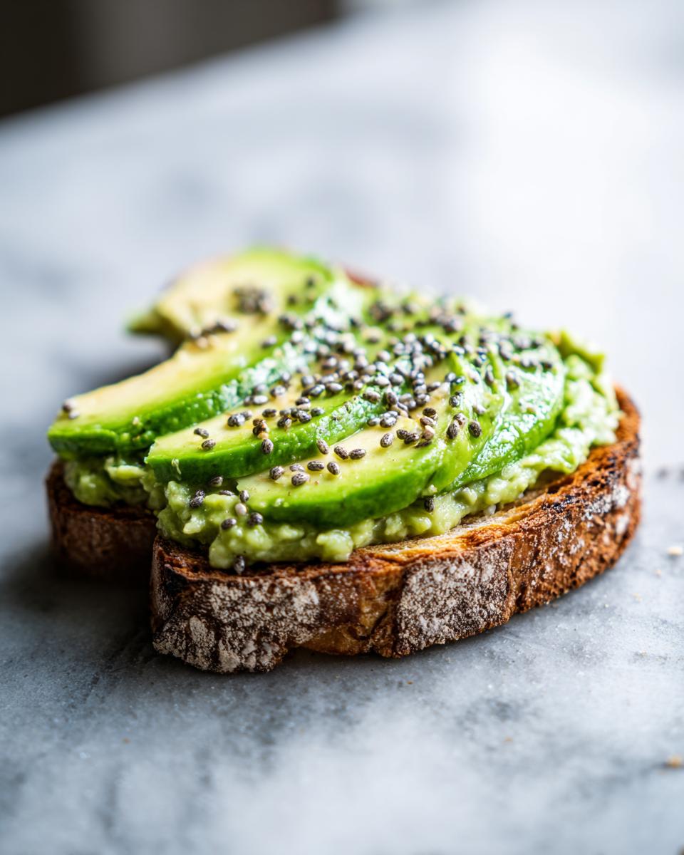 Close-up of delicious Savory Chia Pudding Avocado Toast on rustic bread, topped with sliced avocado and chia seeds.