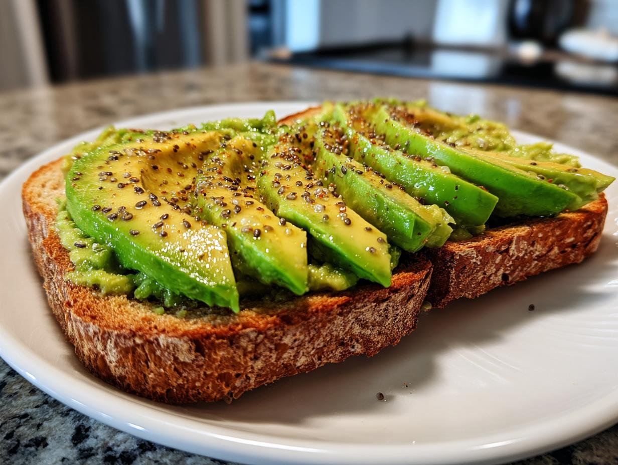 Close-up of two slices of whole wheat toast topped with mashed avocado and fanned avocado slices, sprinkled with chia seeds.