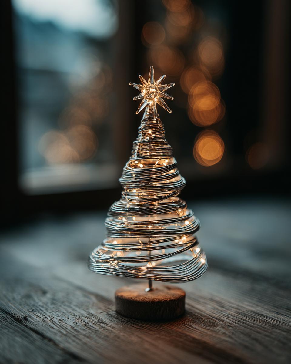 A small, minimalist Scandinavian Christmas tree made of wire with warm LED lights, topped with a star.