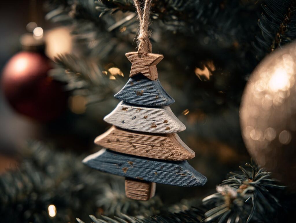 Close-up of a wooden Scandinavian minimal Christmas tree ornament hanging on a real fir tree branch.