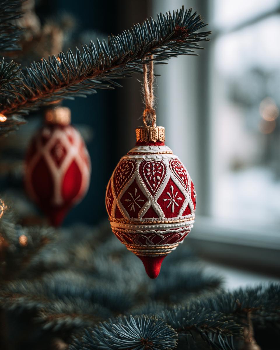 Close-up of a red and white patterned ornament hanging on a branch of a Scandinavian minimal Christmas tree.