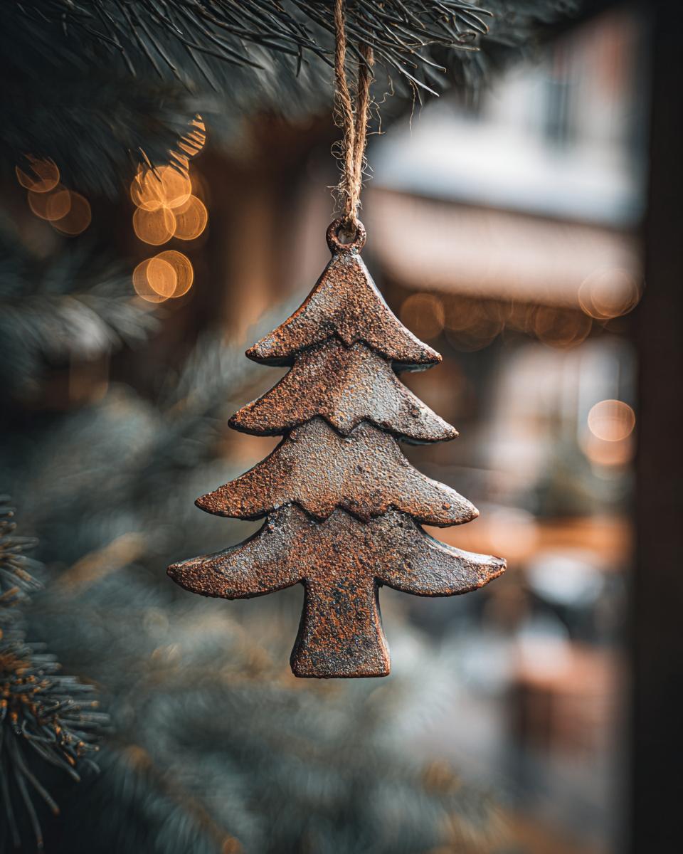 A rustic, metallic tree-shaped ornament hangs on a branch, evoking a Scandinavian Minimal Christmas Tree style.