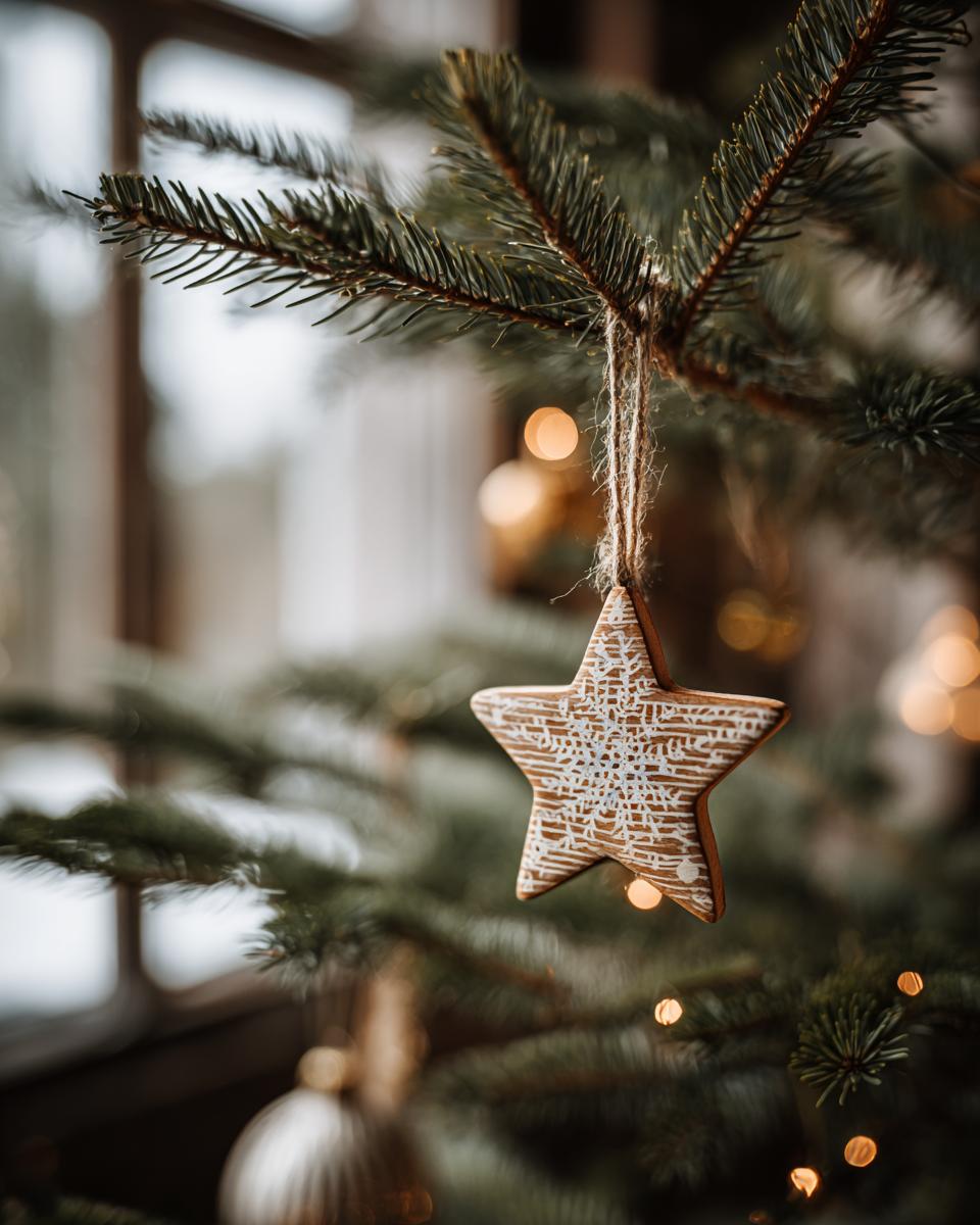 A star-shaped gingerbread cookie ornament with white icing details hangs on a branch of a Scandinavian minimal Christmas tree.