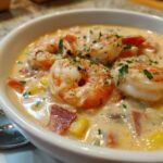 Close-up of a bowl of creamy Seafood Chowder with Shrimp, garnished with parsley.
