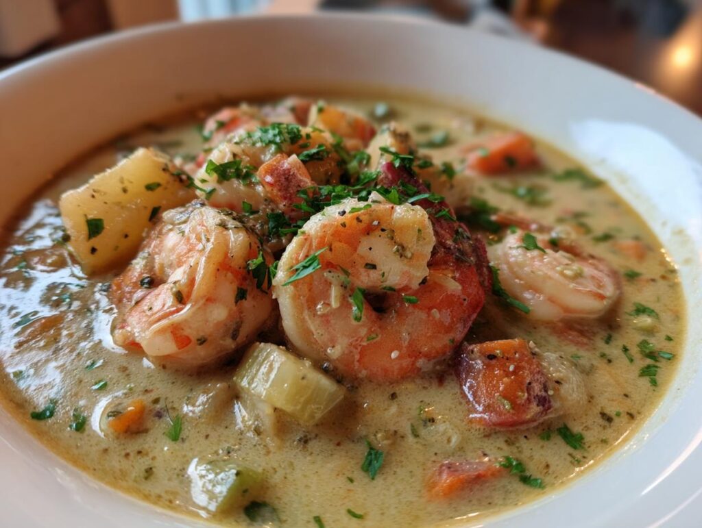 Close-up of a bowl of creamy Seafood Chowder with Shrimp, potatoes, carrots, and herbs.