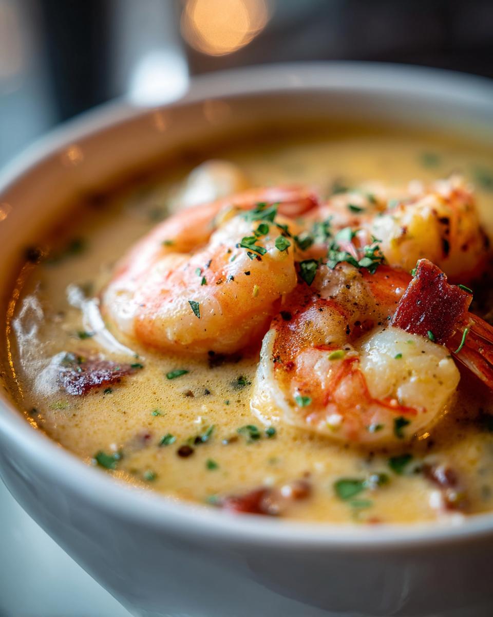 Close-up of a bowl of creamy Seafood Chowder with Shrimp, garnished with herbs.