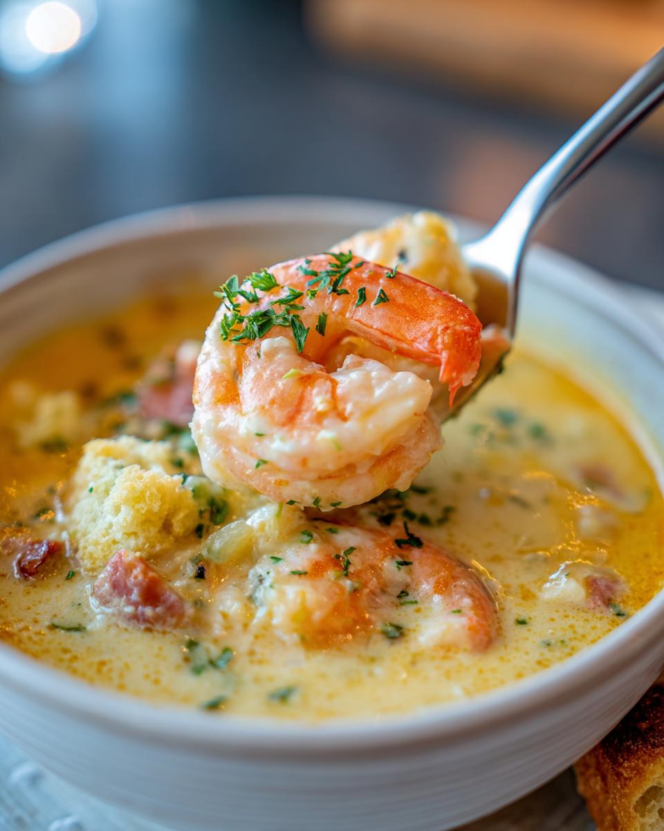 Close-up of Seafood Chowder with Shrimp, showing a spoonful of shrimp and chowder.