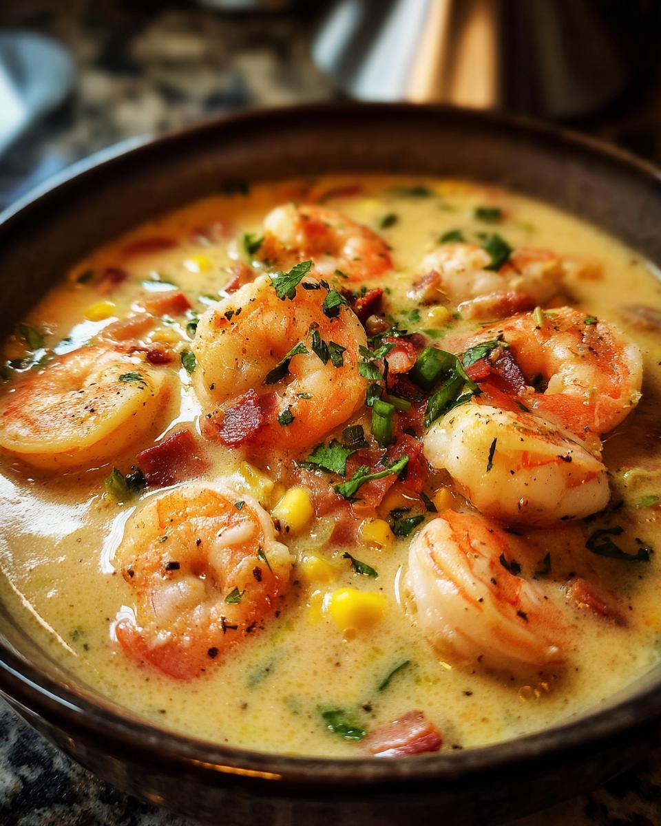 Close-up of a bowl of creamy Seafood Chowder with Shrimp, garnished with herbs and bacon.
