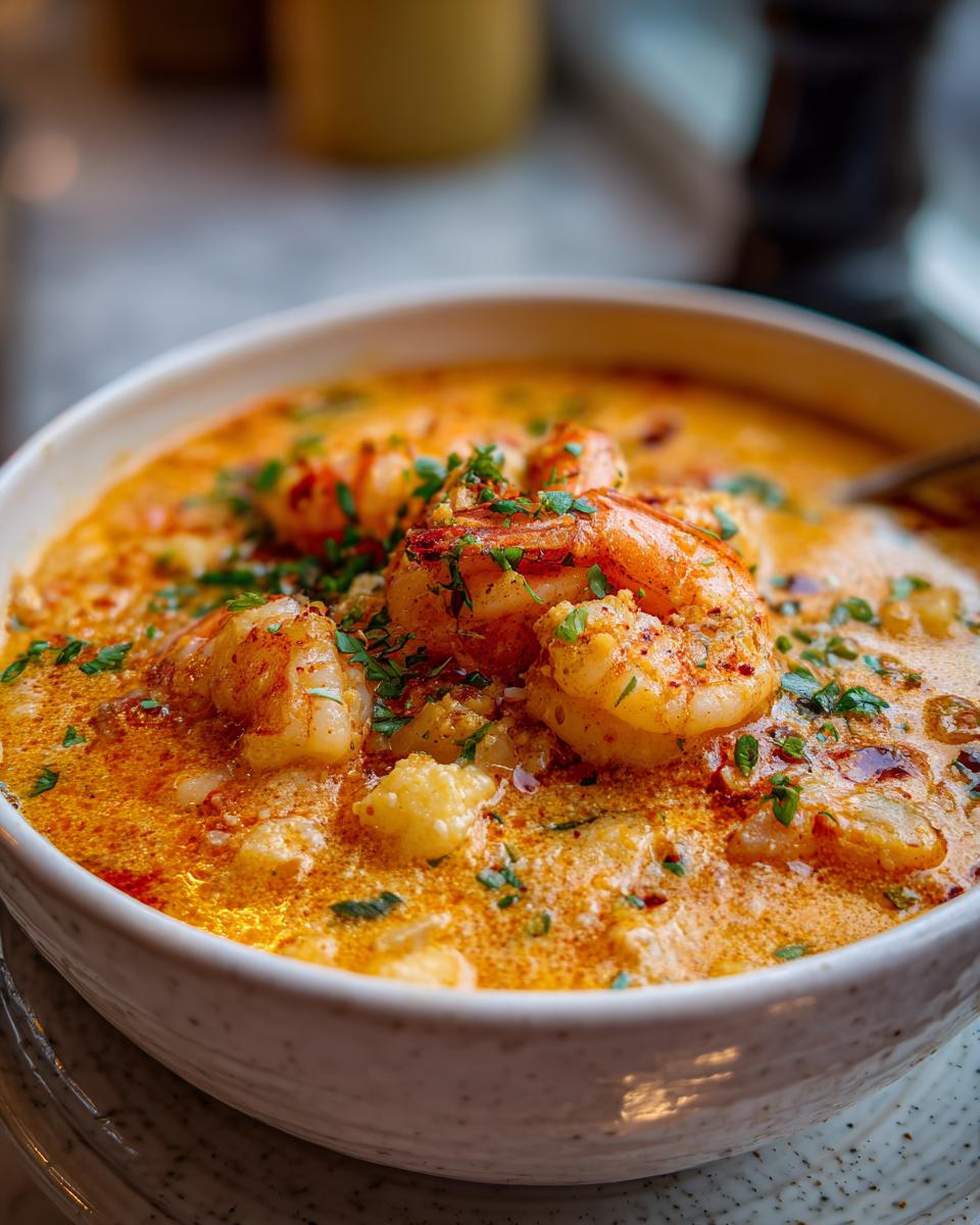 Close-up of a bowl of creamy Seafood Chowder with Shrimp, garnished with fresh herbs.