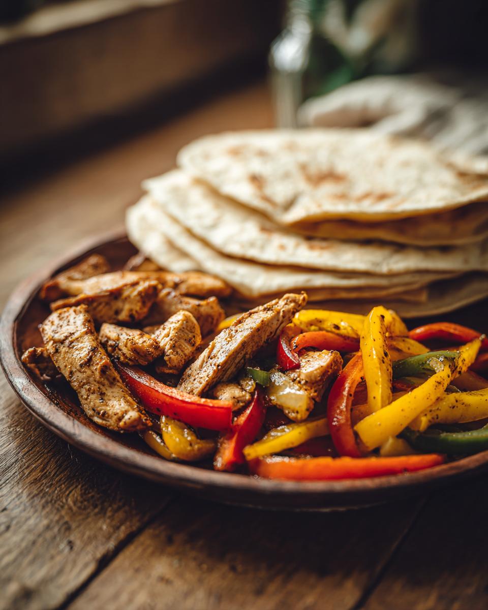 Plate of 20-Minute Sheet Pan Chicken Fajitas with chicken, bell peppers, and tortillas.