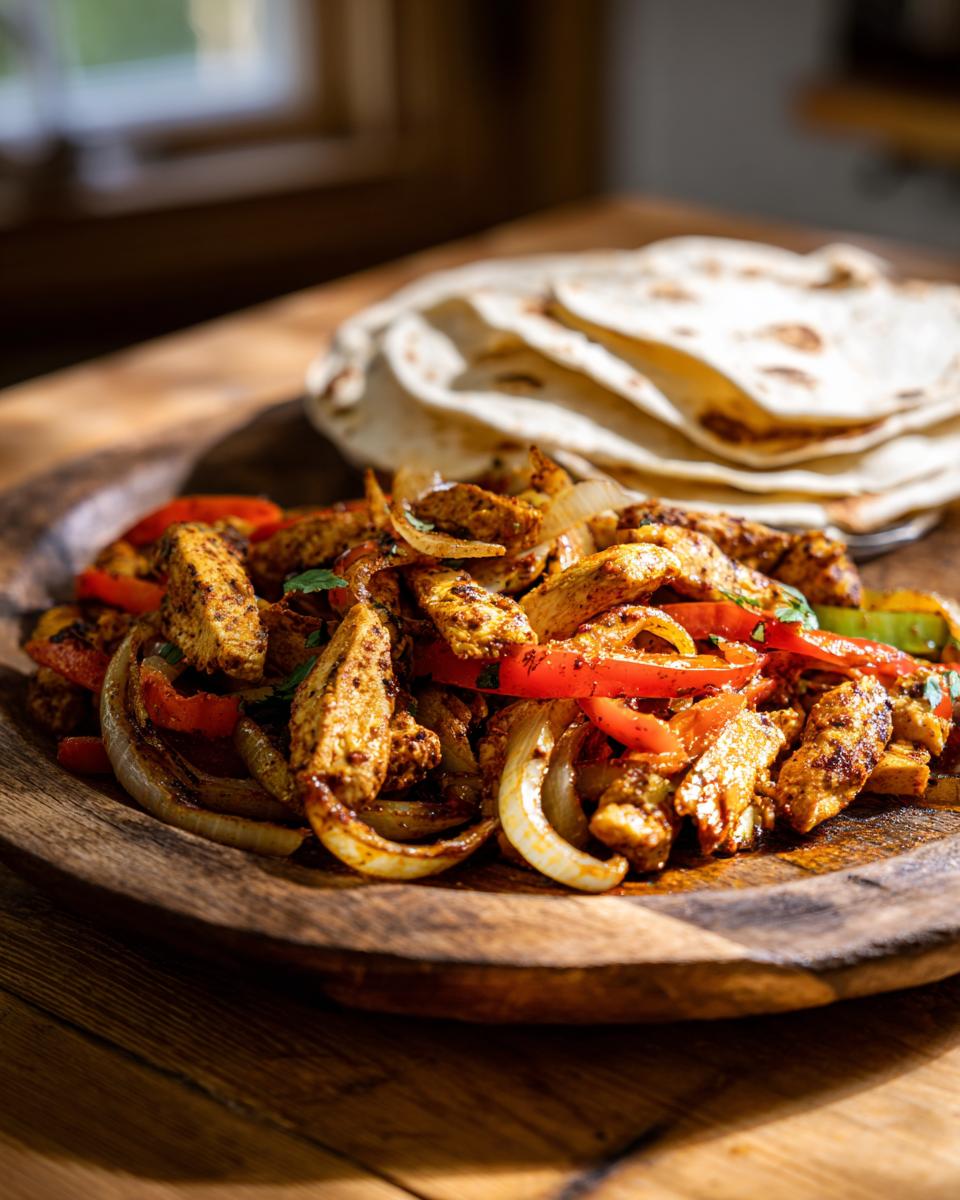 Close-up of 20-Minute Sheet Pan Chicken Fajitas with chicken, peppers, onions, and tortillas.