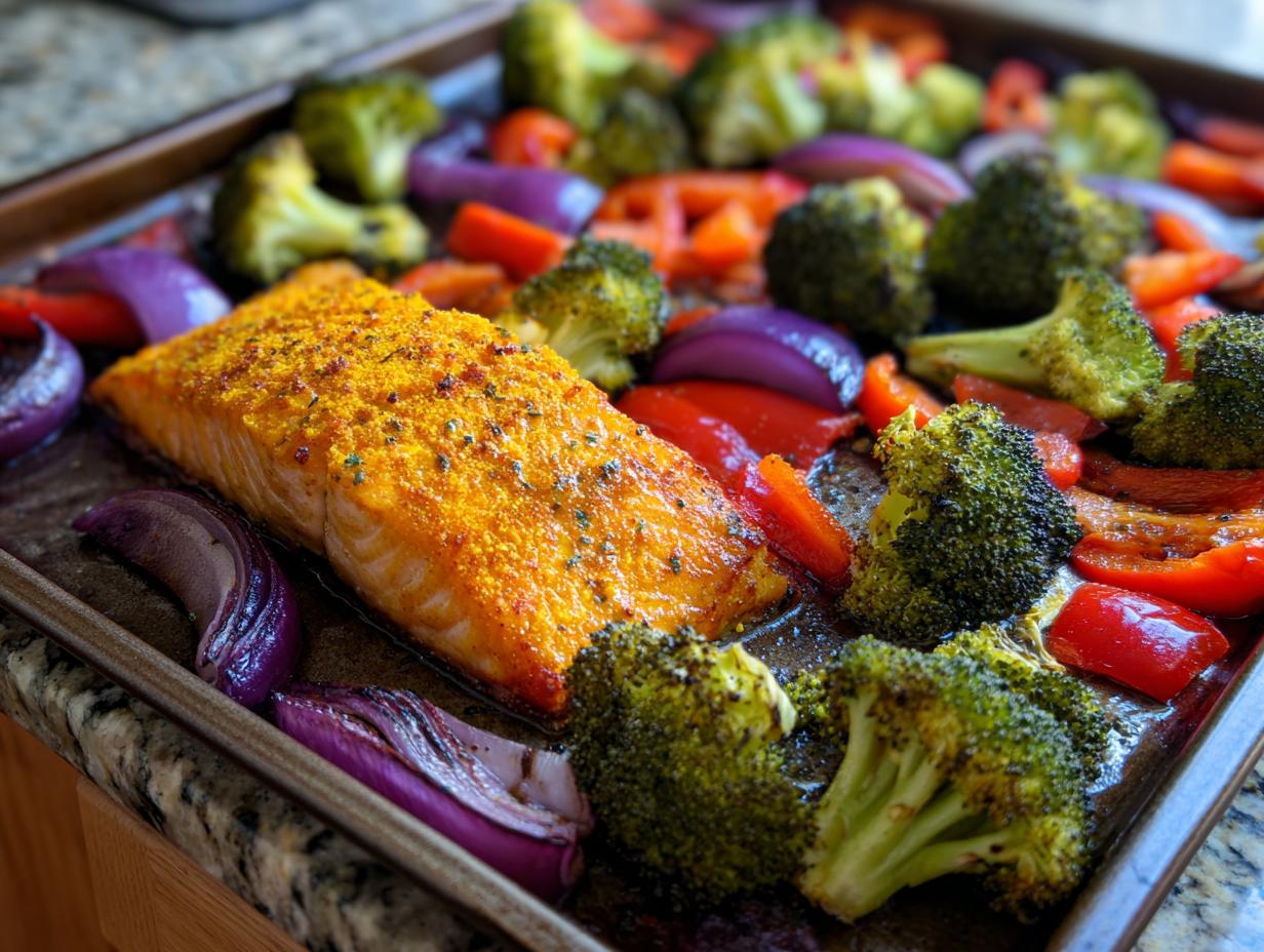 Sheet Pan Turmeric Salmon and Veggies: Salmon fillet with turmeric and roasted broccoli, red peppers, and red onion.