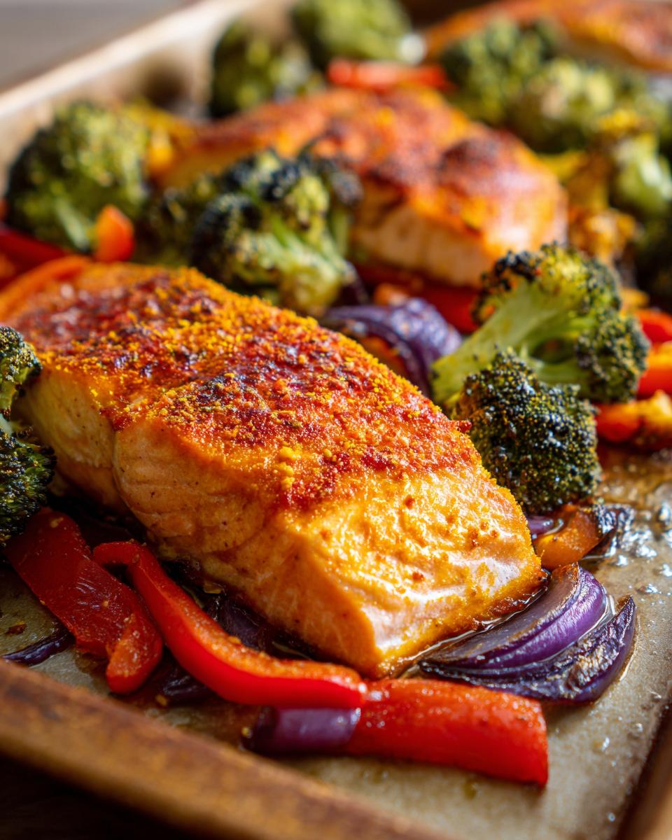 Close-up of sheet pan turmeric salmon with broccoli, red bell peppers, and red onion.