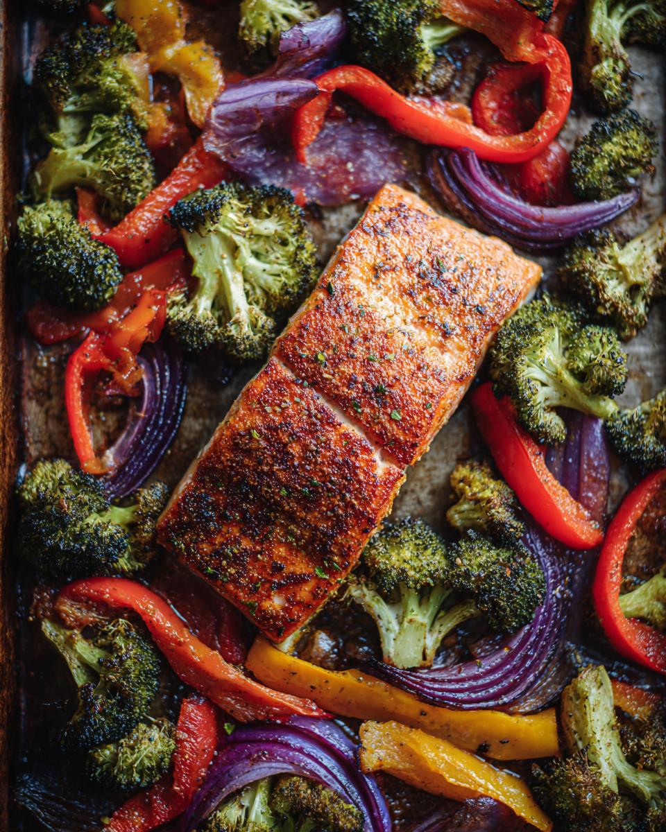 Overhead shot of sheet pan turmeric salmon with broccoli, peppers, and red onion.