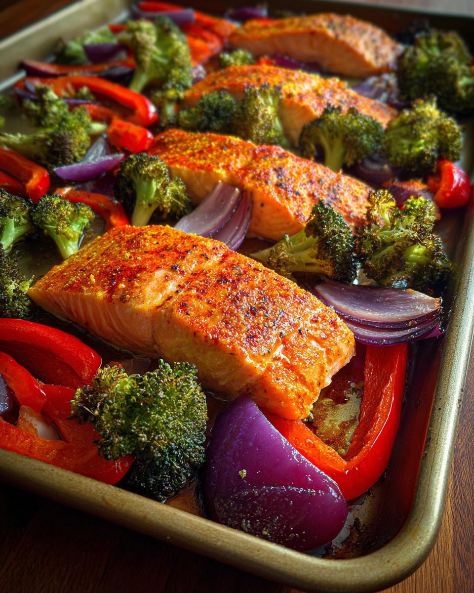 Close-up of sheet pan turmeric salmon with broccoli, red pepper, and red onion.