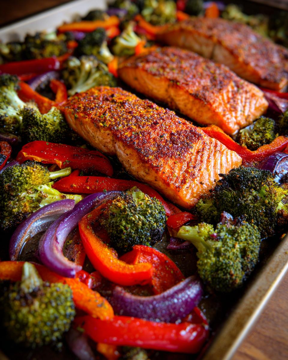 Close-up of sheet pan turmeric salmon with roasted broccoli, peppers, and onions.