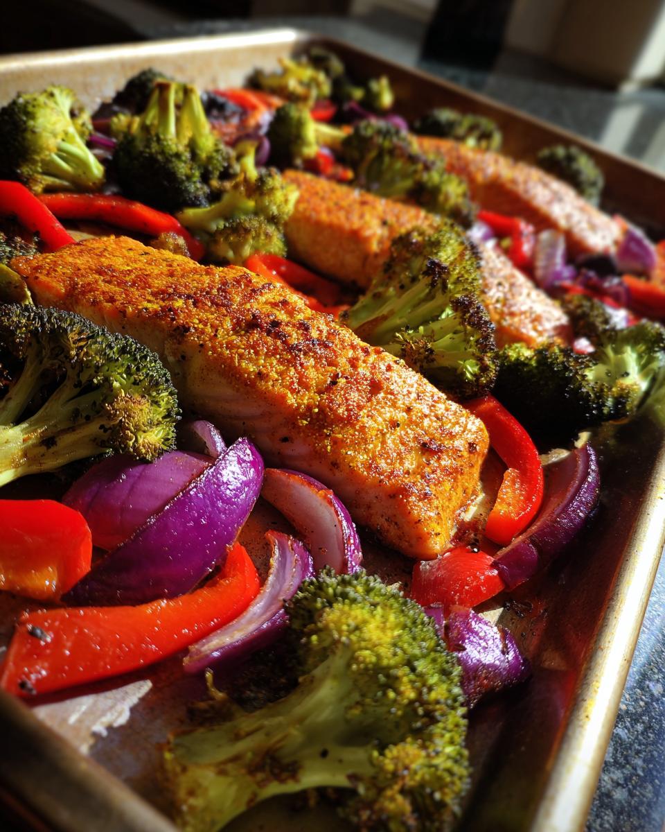 Close-up of sheet pan turmeric salmon with broccoli, red bell peppers, and red onion.