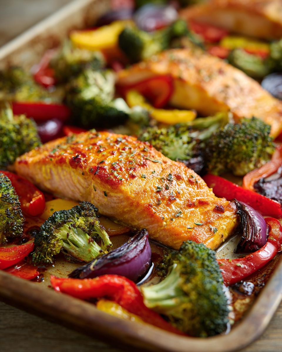 Close-up of sheet pan turmeric salmon with roasted broccoli, peppers, and onions.