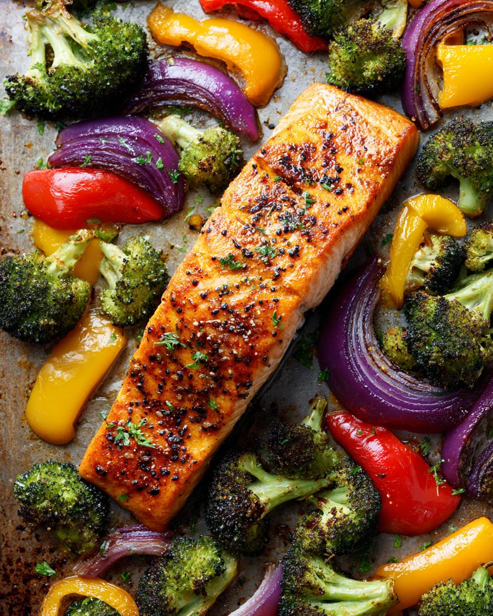 Overhead shot of Sheet Pan Turmeric Salmon and Veggies, including salmon, broccoli, peppers, and onions.