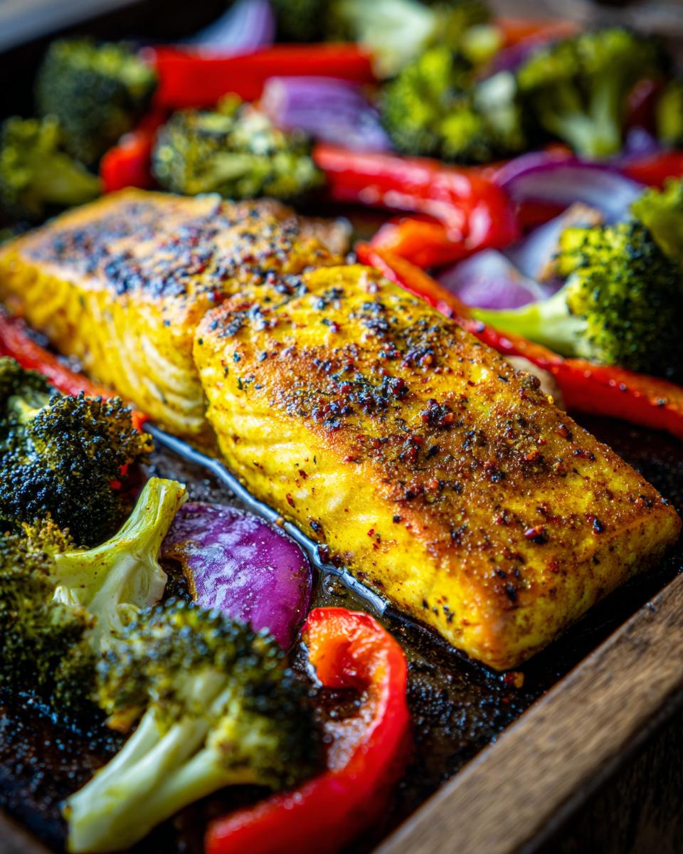 Close-up of Sheet Pan Turmeric Salmon and Veggies with broccoli, red pepper, and red onion.