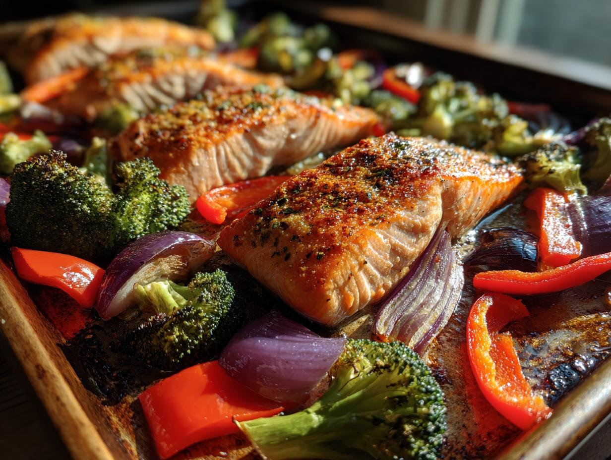 Close-up of Sheet Pan Turmeric Salmon and Veggies with broccoli, red onion, and bell peppers.
