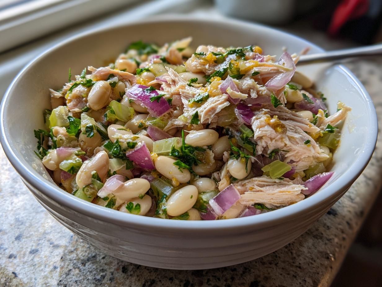 Close-up of a bowl filled with Simple Tuna and White Bean Salad, featuring tuna, white beans, red onion, and herbs.