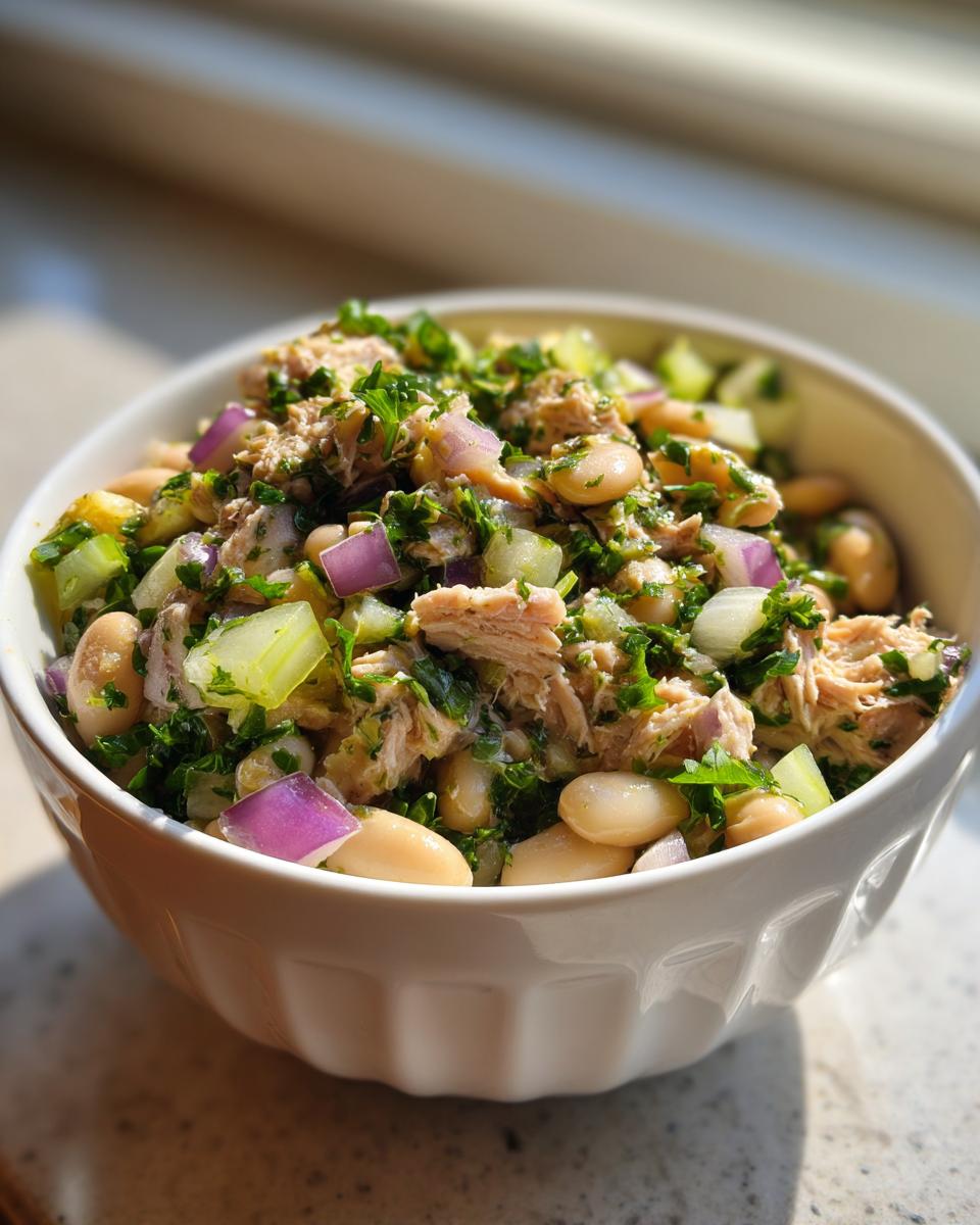 Close-up of a bowl filled with Simple Tuna and White Bean Salad, featuring tuna, white beans, red onion, and herbs.